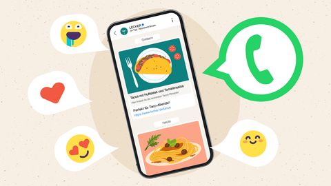Ein grafischer Teaser, der darauf aufmerksam macht, dass LECKER bei Whatsapp ist - Foto: Lecker.de 6 iStock (Studio-Pro , RLT_Images, Alexandra Pavlova, calvindexter, Cristina Gaidau)
