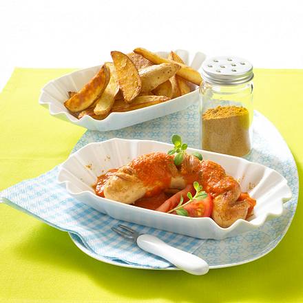 Leichte Currywurst mit Tomatensoße und Kartoffelspalten Rezept Leichte Currywurst mit Tomatensoße und Kartoffelspalten Rezept