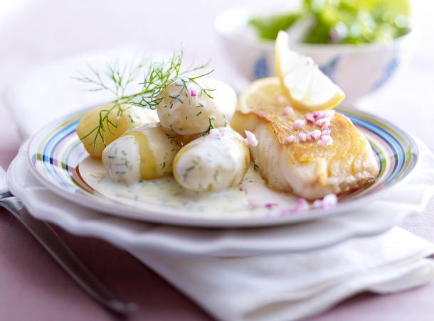 Leichte Dill-Béchamel-Kartoffeln zu gebratenem Kabeljaufilet Rezept Leichte Dill-Béchamel-Kartoffeln zu gebratenem Kabeljaufilet Rezept