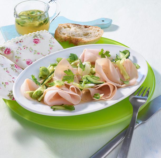 Leichtes Puten-Carpaccio mit Gurken-Vinaigrette Rezept Leichtes Puten-Carpaccio mit Gurken-Vinaigrette Rezept