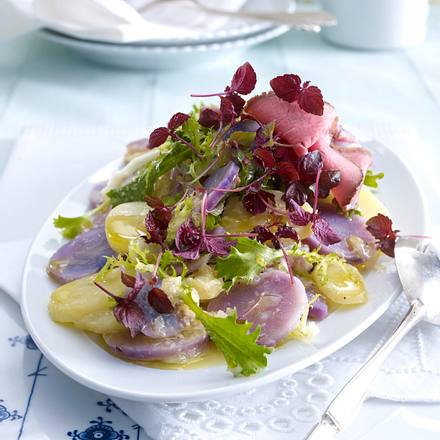 Lila-gelber-Kartoffelsalat mit Roastbeef und Meerrettich-Vinaigrette Rezept Lila-gelber-Kartoffelsalat mit Roastbeef und Meerrettich-Vinaigrette Rezept