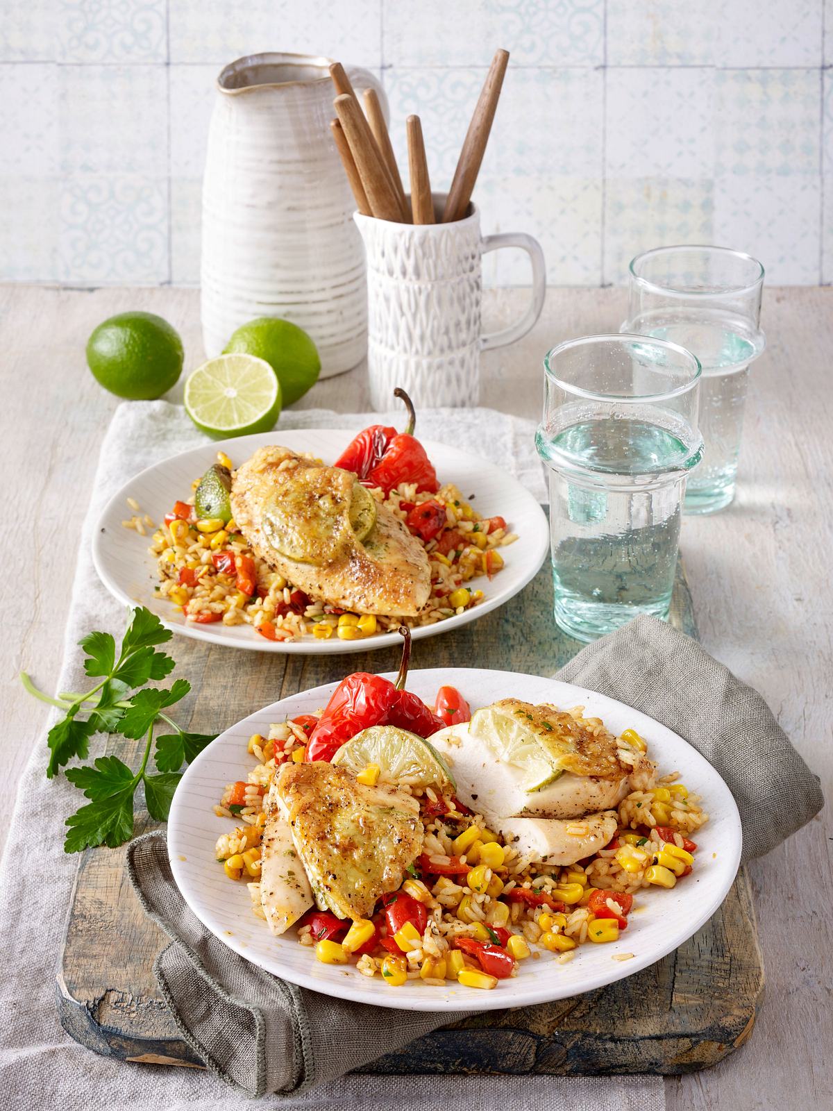 Limetten-Hähnchen mit Mais-Reis-Gemüse Rezept