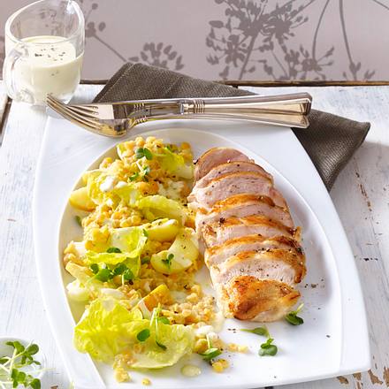 Linsen-Apfel-Salat mit gebratenen Hähnchenstreifen Rezept
