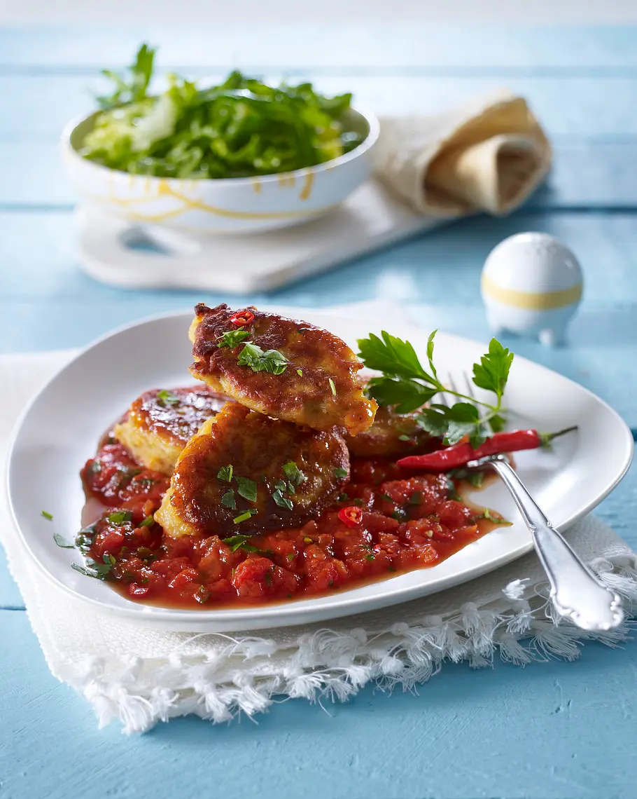 Linsenbällchen in Tomatensoße zu grünem Salat Rezept