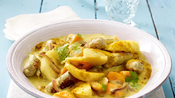 Mairübchen-Möhren-Ragout in Currysoße mit Bratwurst Rezept - Foto: LECKER @ Bauer Media Group Mairübchen-Möhren-Ragout in Currysoße mit Bratwurst Rezept - Foto: LECKER @ Bauer Media Group