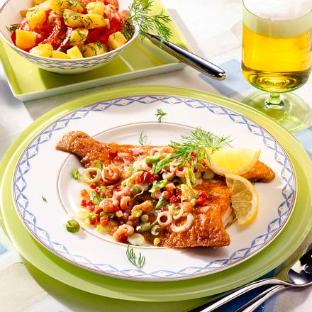 Maischolle mit Speck und Krabben Rezept Maischolle mit Speck und Krabben Rezept