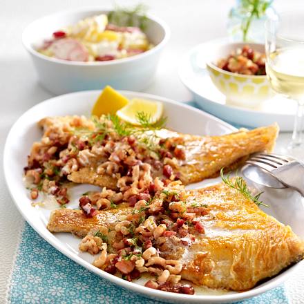 Maischollen mit Speck und Krabben Rezept
