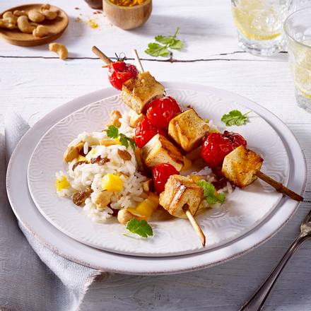 Mango-Reis mit Tofu-Tomaten-Spieße Rezept Mango-Reis mit Tofu-Tomaten-Spieße Rezept