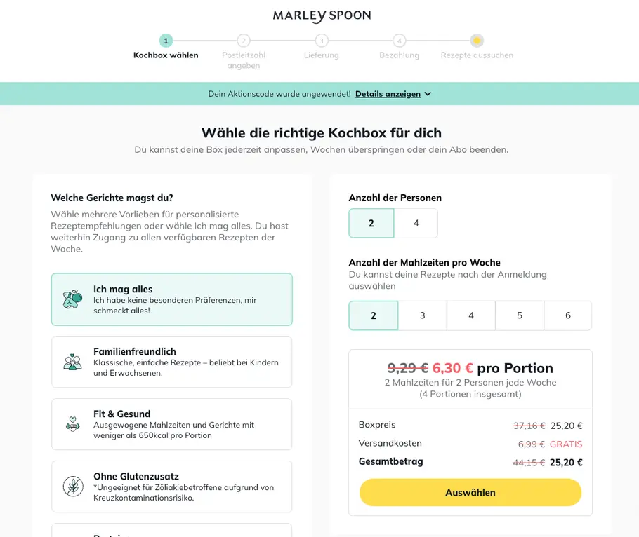 Die Bestellmaske für Neukund:innen auf der Website von Marley Spoon