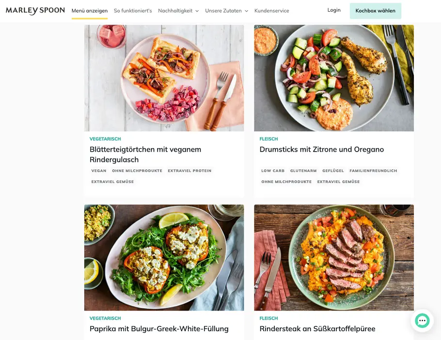 Die Rezeptauswahl auf der Website von Marley Spoon