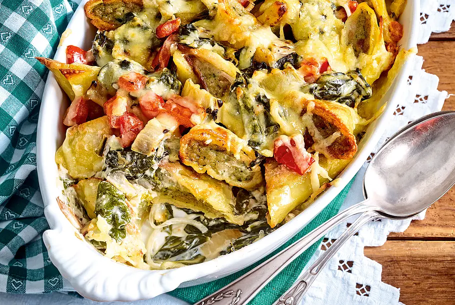 Maultaschengratin mit Spinat Rezept Maultaschengratin mit Spinat Rezept