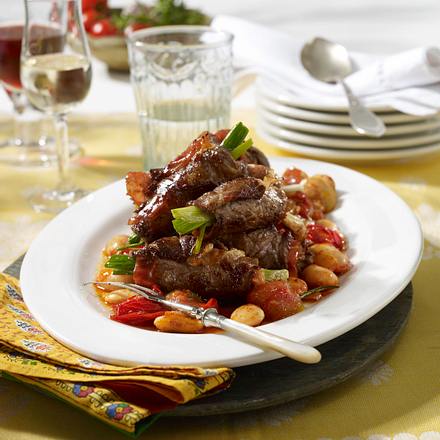 Mein Rezept Frau Bauch / Roastbeef-Röllchen mit Serranoschinken und geschmorten Bohnen Rezept Mein Rezept Frau Bauch / Roastbeef-Röllchen mit Serranoschinken und geschmorten Bohnen Rezept