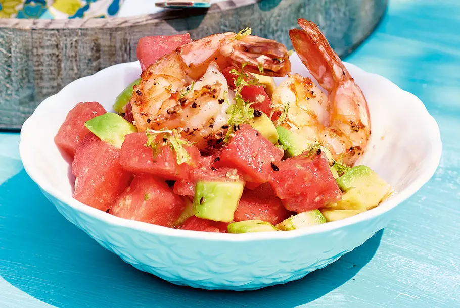 Melonen-Avocado-Salat mit Garnelen Rezept Melonen-Avocado-Salat mit Garnelen Rezept