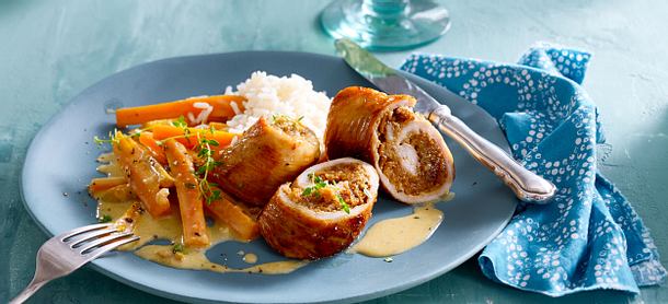 Möhrengemüse mit gefüllter Putenroulade Rezept Möhrengemüse mit gefüllter Putenroulade Rezept