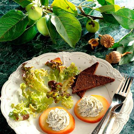 Mohnfrischkäse auf gedünsteten Apfelscheiben Rezept Mohnfrischkäse auf gedünsteten Apfelscheiben Rezept