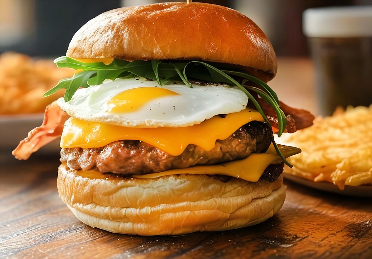 Frühstücks-Burger mit Rindfleisch, Bacon & Spiegelei Rezept Frühstücks-Burger mit Rindfleisch, Bacon & Spiegelei Rezept