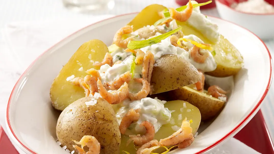 Neue Kartoffeln mit Krabben und Gurkenquark Rezept - Foto: LECKER @ Bauer Media Group Neue Kartoffeln mit Krabben und Gurkenquark Rezept - Foto: LECKER @ Bauer Media Group