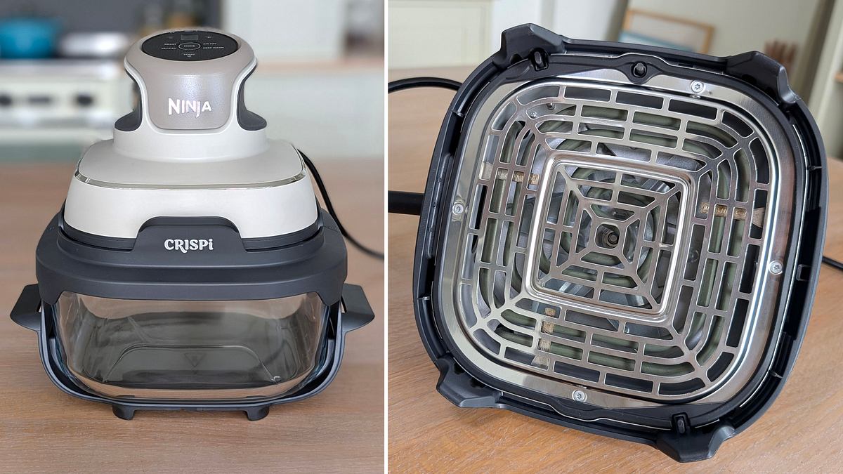 Zusammengesetzter Ninja Crispi und PowerPod von unten Links im Bild der zusammengesetzte Ninja Crispi von vorne, leer. Rechts: der PowerPod-Aufsatz von unten, mit Blick auf Heizelement, Ventilator und Schutzgitter.