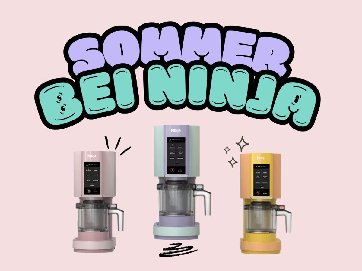 Text Sommer bei Ninja und drei Freisteller der Ninja Creami in Rosa, Mint-Lila und Gelb-Orange