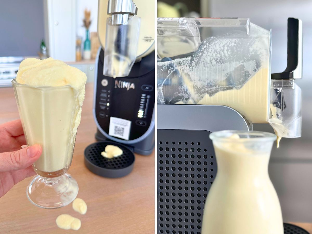 Ninja Slush-Eismaschine kleckert im Test Ninja Slush-Eismaschine kleckert im Solero-Test (links) und es bleibt viel Rest-Slush im Behälter (rechts)