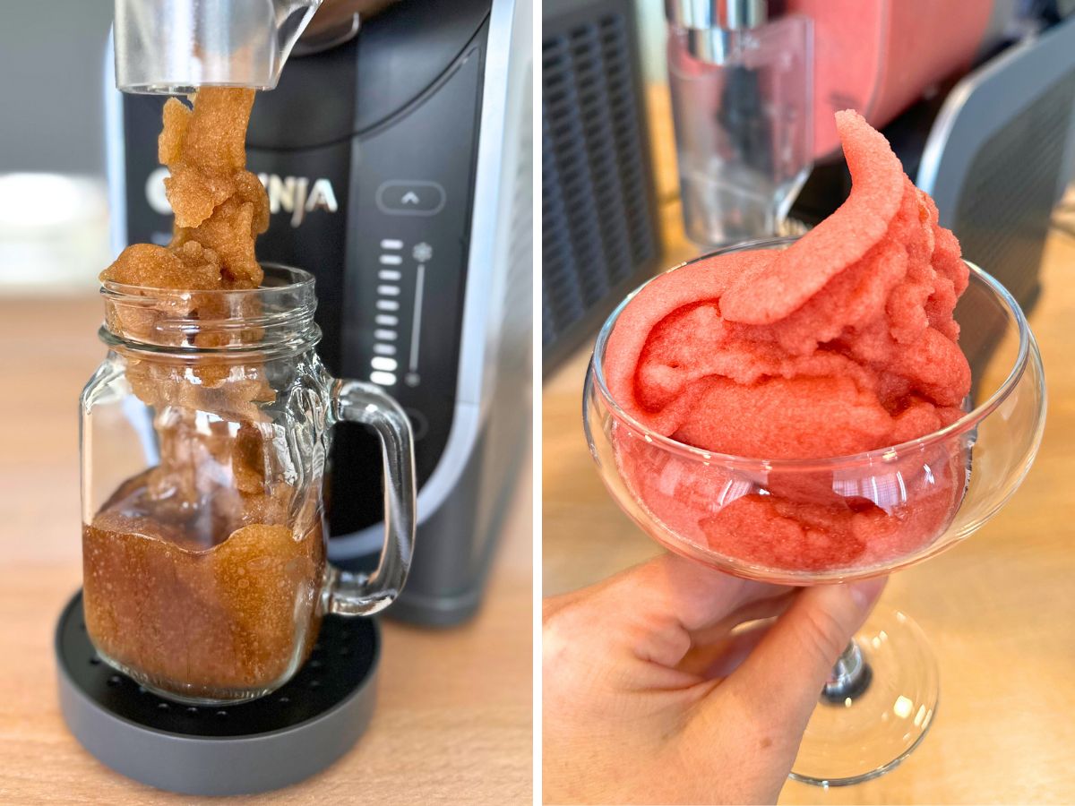 Ninja SLUSHi Konsistenz-Test Ninja SLUSHi Konsistenz-Test mit Cola (links) und Frozen Strawberry Margarita (rechts)