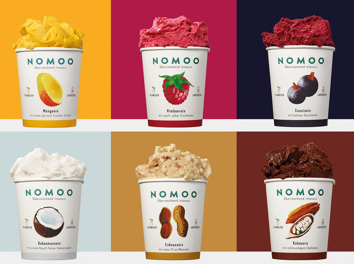 NOMOO-Eis: Mango, Himbeere, Cassis, Kokosnuss, Erdnuss, Kakao