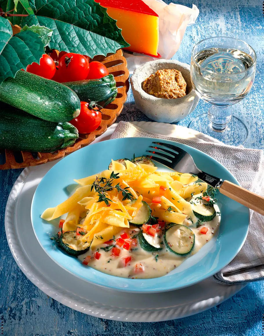 Nudeln mit feiner Zucchini-Senf-Soße Rezept