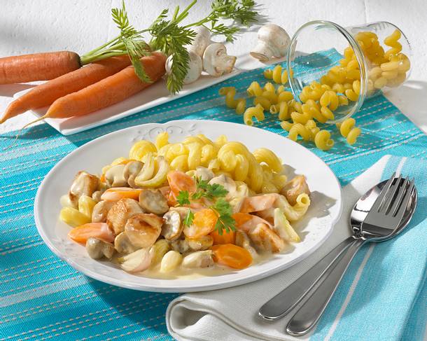 Nudeln mit Hähnchen-Pilz-Rahm-Soße mit Möhren Rezept Nudeln mit Hähnchen-Pilz-Rahm-Soße mit Möhren Rezept