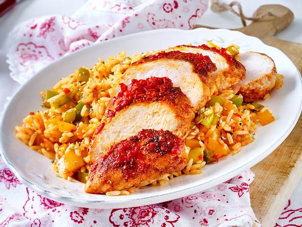 Ofenhähnchen mit Paprika-Reis Rezept Ofenhähnchen mit Paprika-Reis Rezept