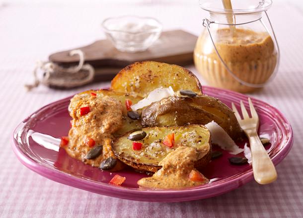 Ofenkartoffeln mit Paprika-Kürbiskern-Pesto Rezept Ofenkartoffeln mit Paprika-Kürbiskern-Pesto Rezept