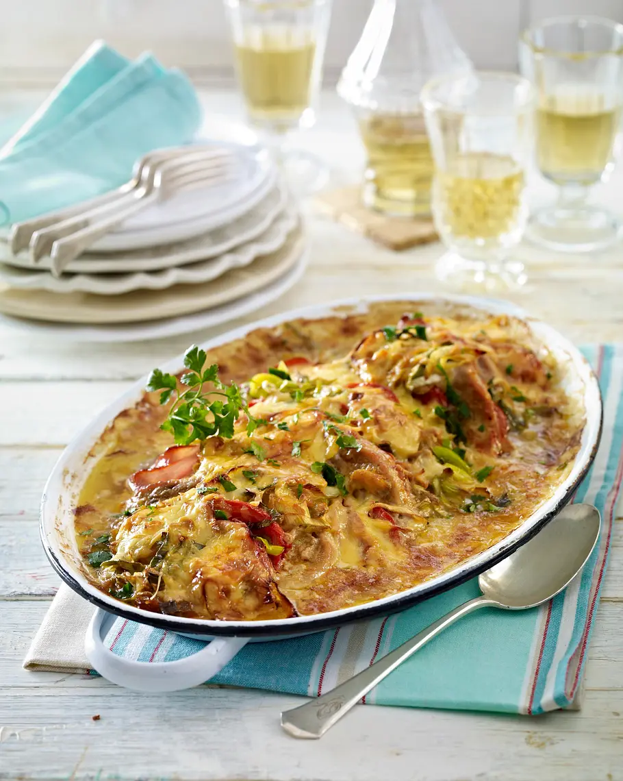 Ofenschnitzel mit Zwiebel-Porree-Rahm Rezept