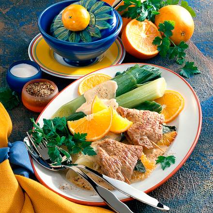 Orangen-Schnitzel mit Porree Rezept