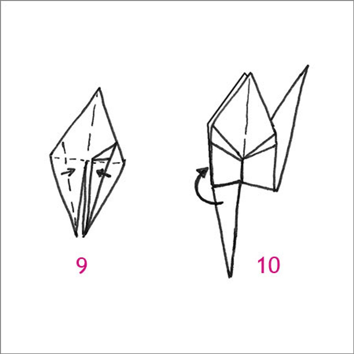 Origami-Kranich falten - Schritt 9 und 10: