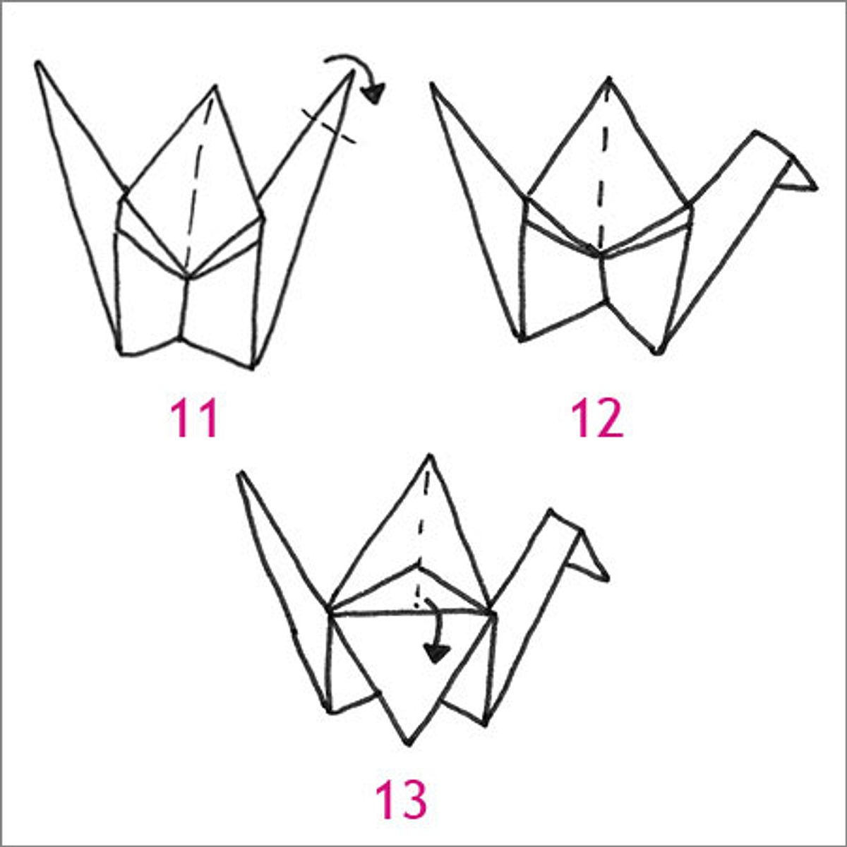 Origami-Kranich falten - Schritt 11 bis 13: