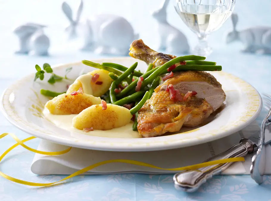 Ostermenü - Hauptgericht: Perlhuhnbrust in Zitronengras-Hollandaise mit Speckböhnchen Rezept