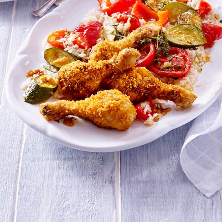Panierte Hähnchenkeulen mit Röstgemüse Rezept Panierte Hähnchenkeulen mit Röstgemüse Rezept