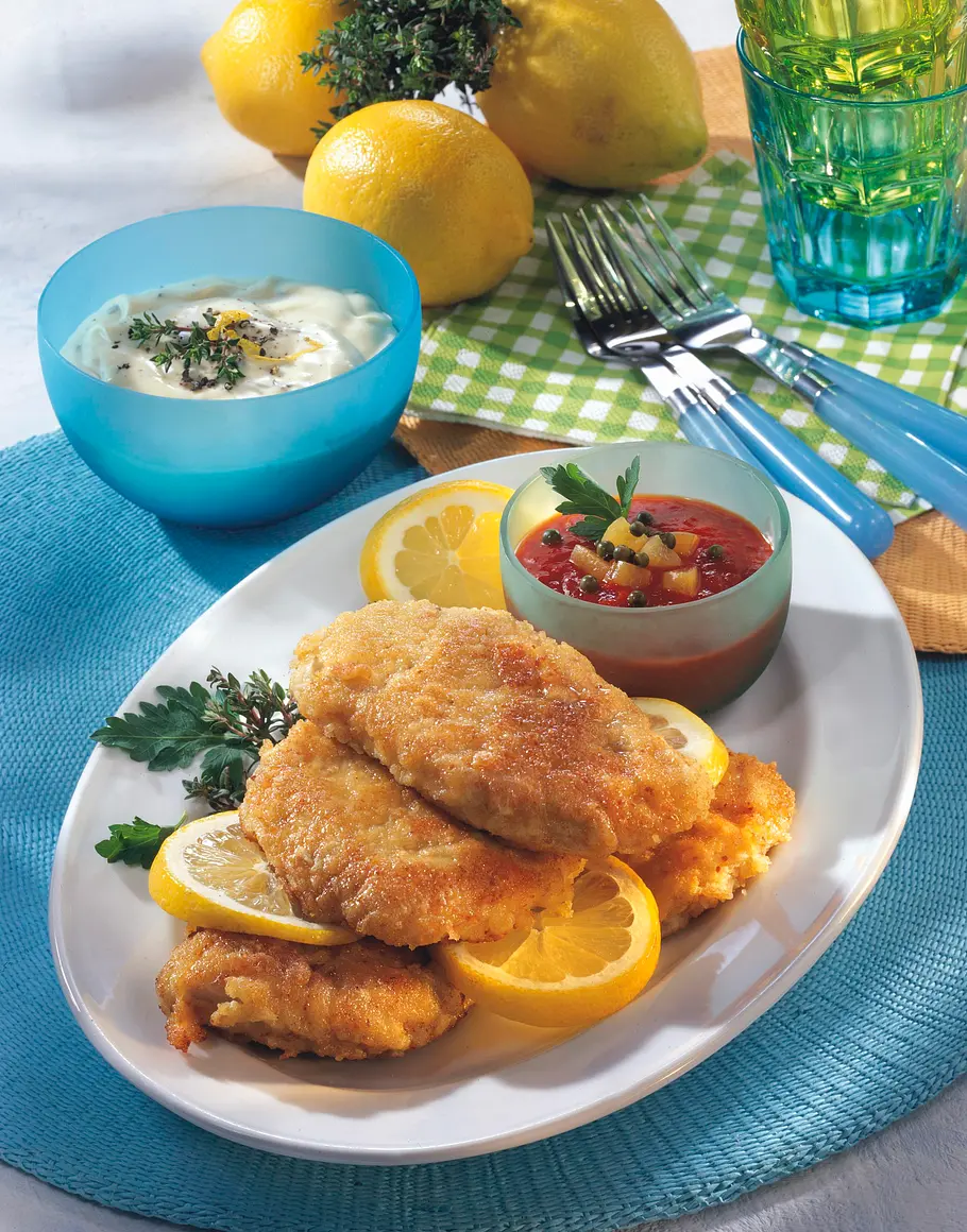 Panierte Schnitzel mit zwei Soßen Rezept Panierte Schnitzel mit zwei Soßen Rezept