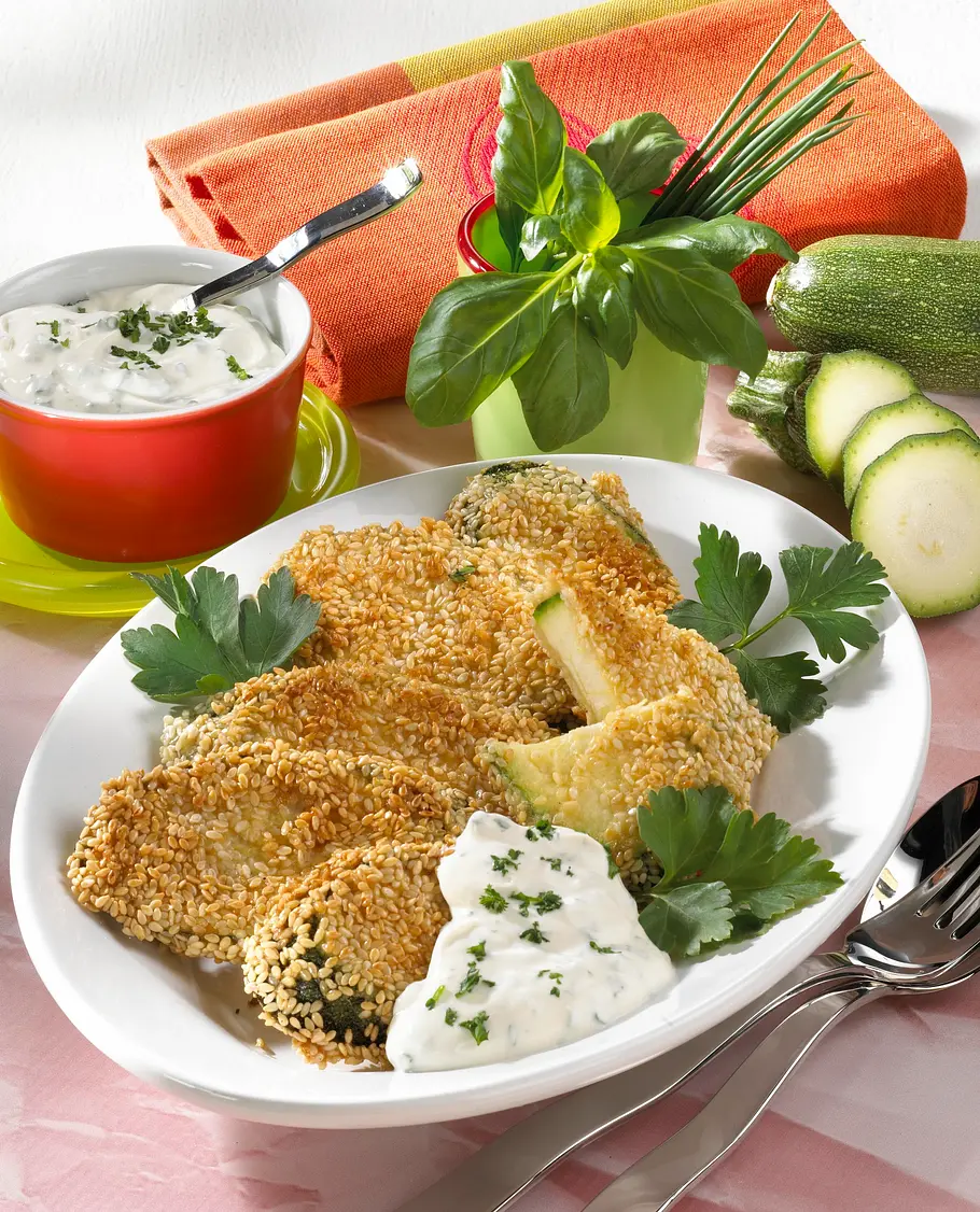 Panierte Zucchinischeiben mit Kräuter-Dip Rezept Panierte Zucchinischeiben mit Kräuter-Dip Rezept