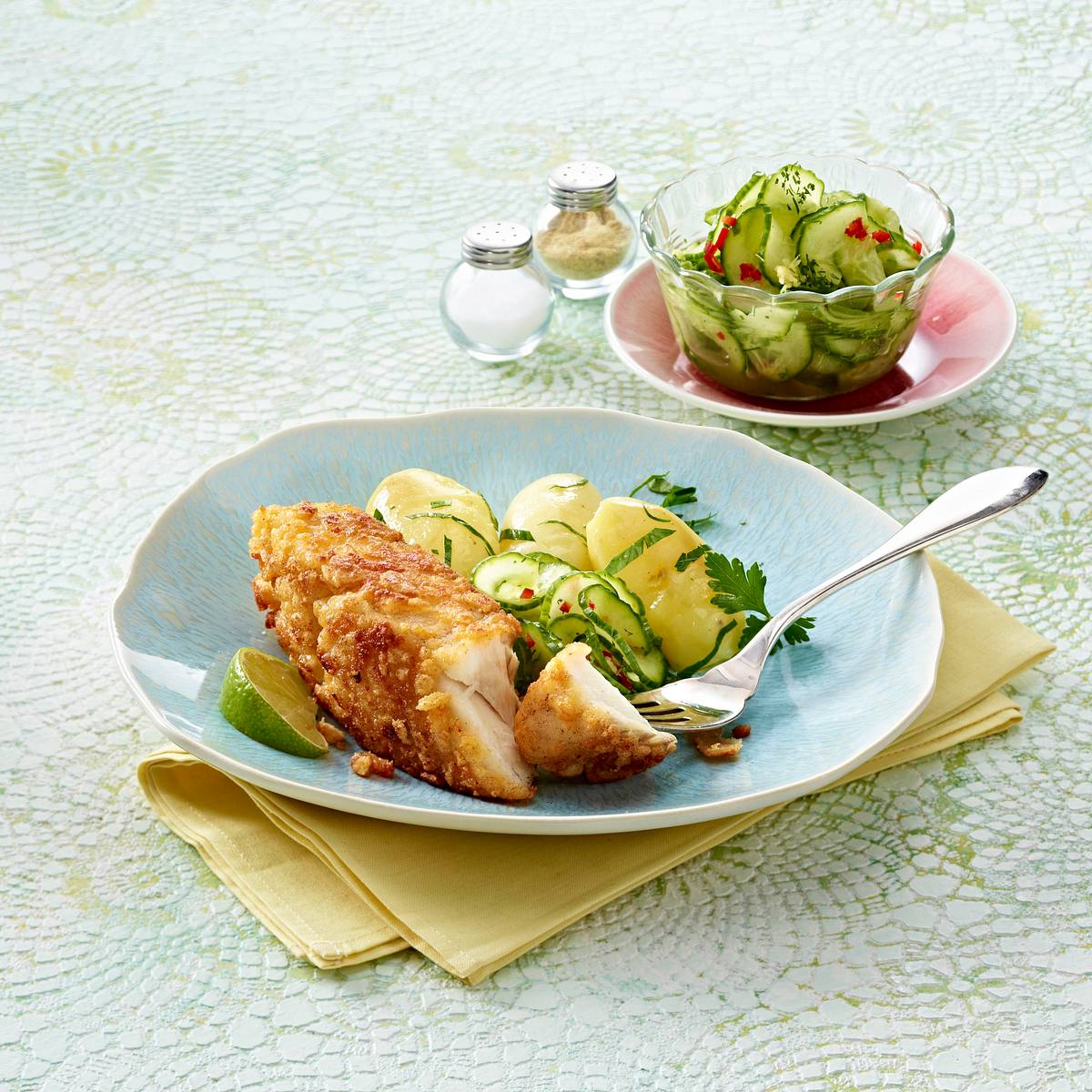 Paniertes Seelachsfilet mit Gurkensalat und Salzkartoffeln Rezept