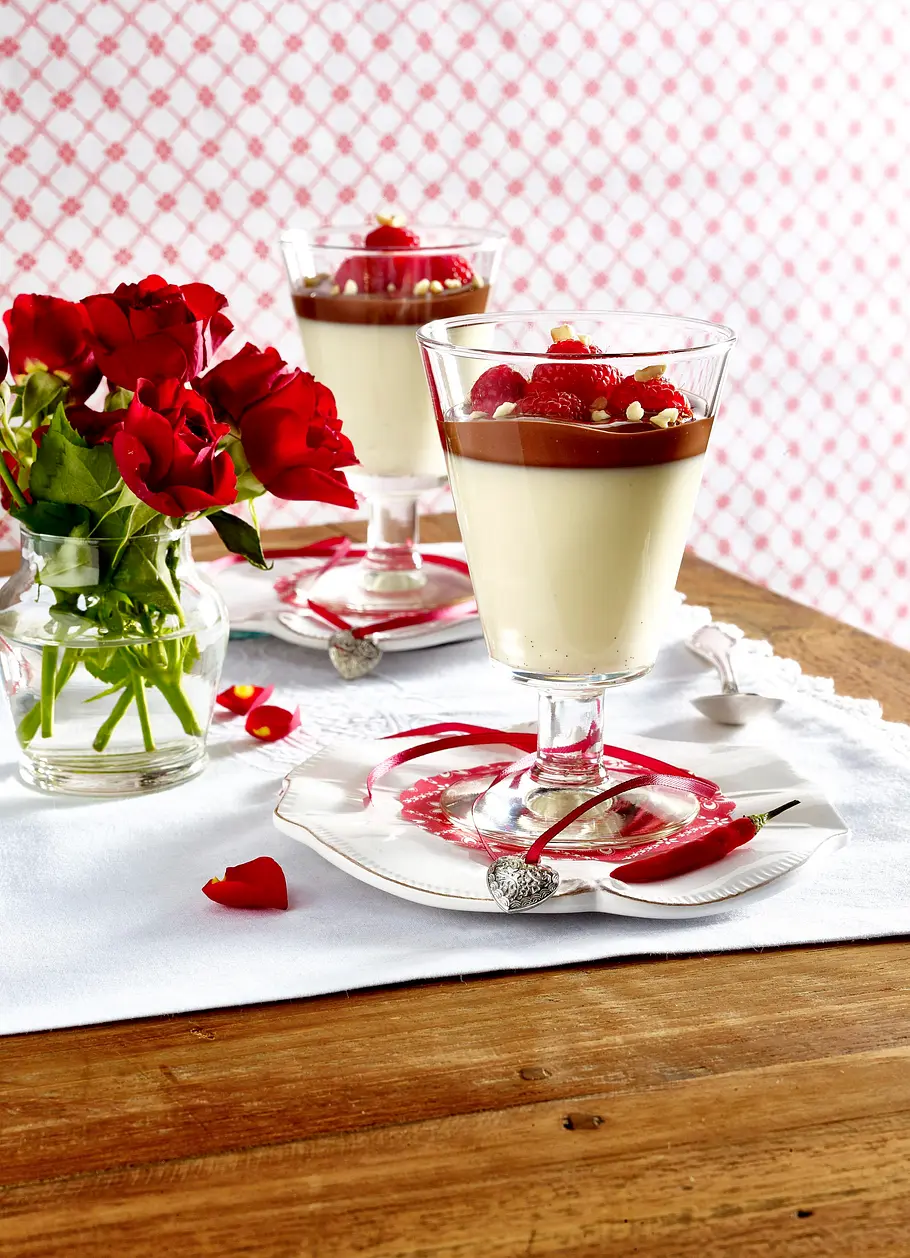 Panna Cotta mit Schokoladen-Chili-Soße und Himbeeren Rezept Panna Cotta mit Schokoladen-Chili-Soße Rezept