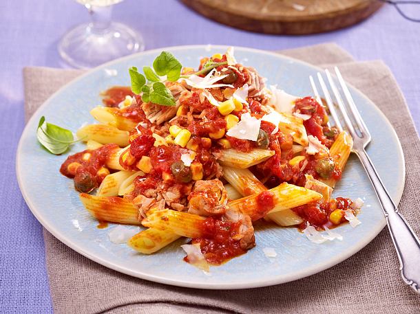 Penne pronto mit Thunfisch-Mais-Tomatensoße Rezept Penne pronto mit Thunfisch-Mais-Tomatensoße Rezept