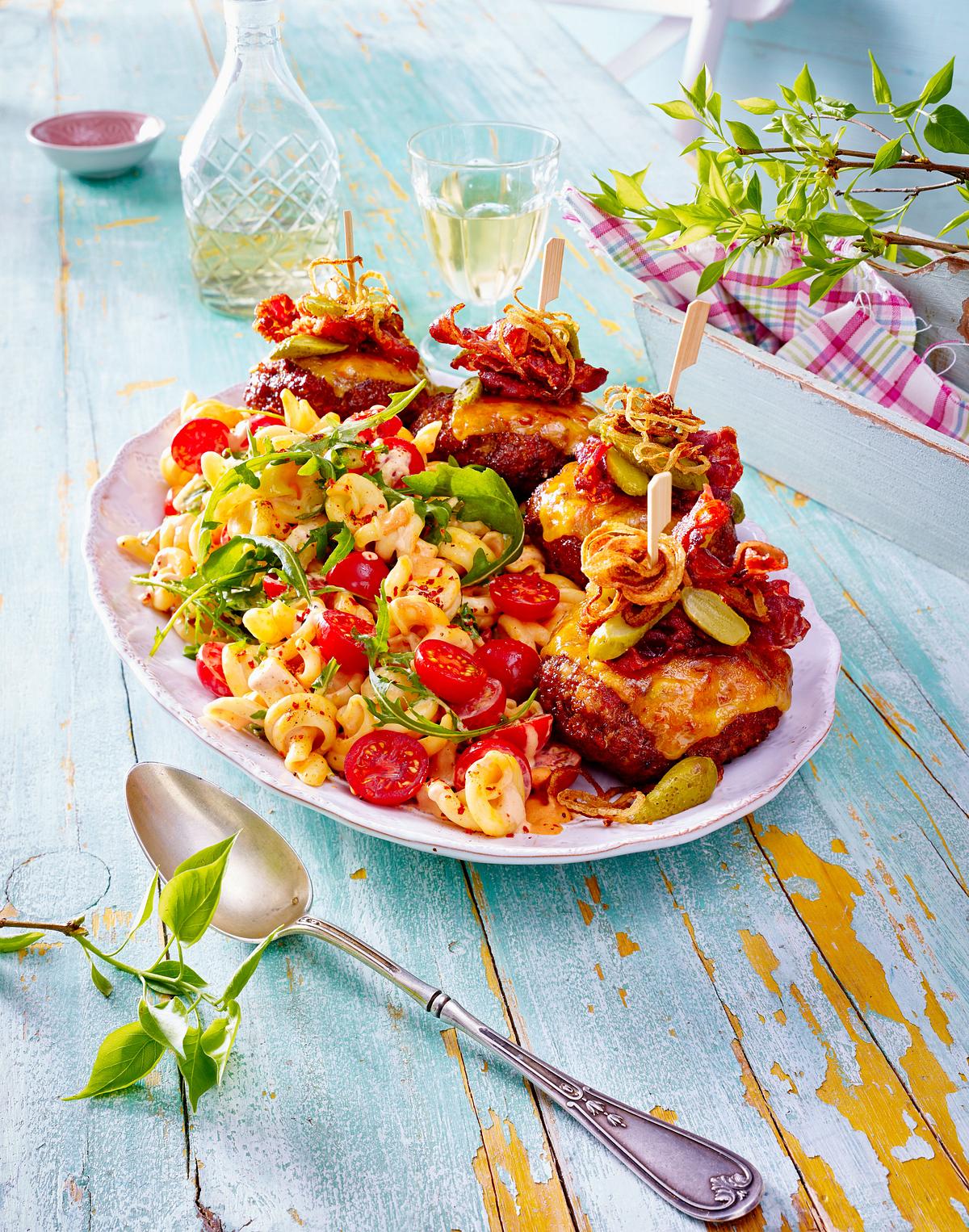 Peperoni-Cheesburger-Frikadellen auf Nudelsalat Rezept