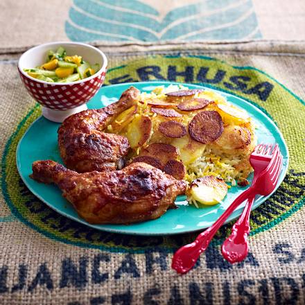 Persischer Kartoffelreis mit Hähnchenkeulen und Mango-Gurkensalat Rezept Persischer Kartoffelreis mit Hähnchenkeulen und Mango-Gurkensalat Rezept