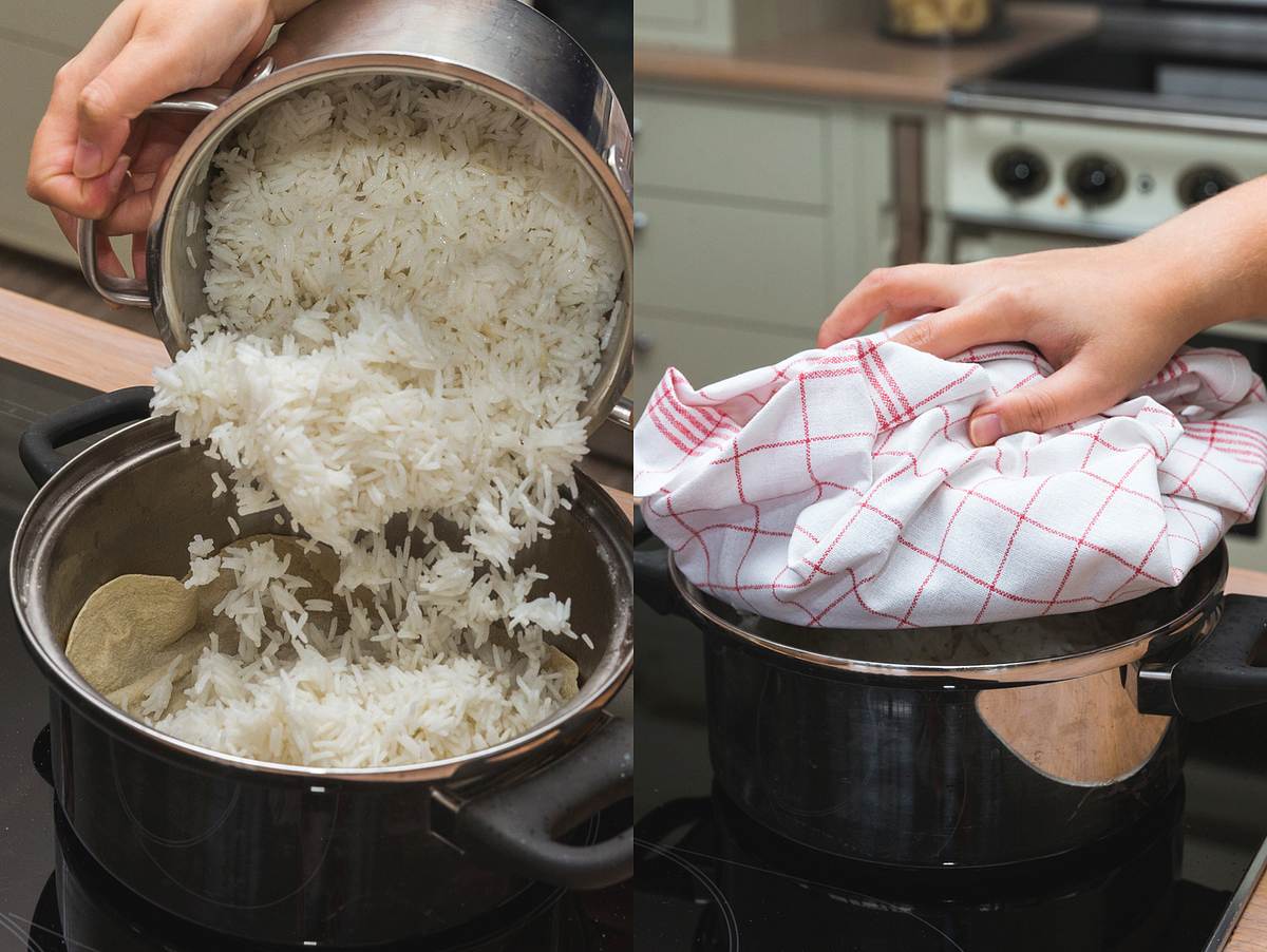 Reis wird in den Topf gekippt und mit einem Deckel zugedeckt, um den ein Geschirrtuch gewickelt ist
