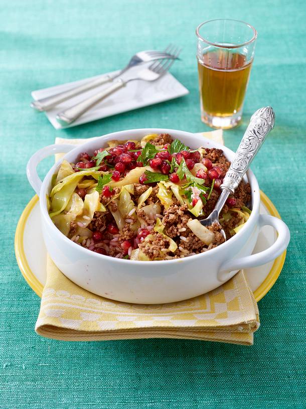 Persischer roter Reis mit Rinderhack und Granatäpfeln Rezept Persischer roter Reis mit Rinderhack und Granatäpfeln Rezept
