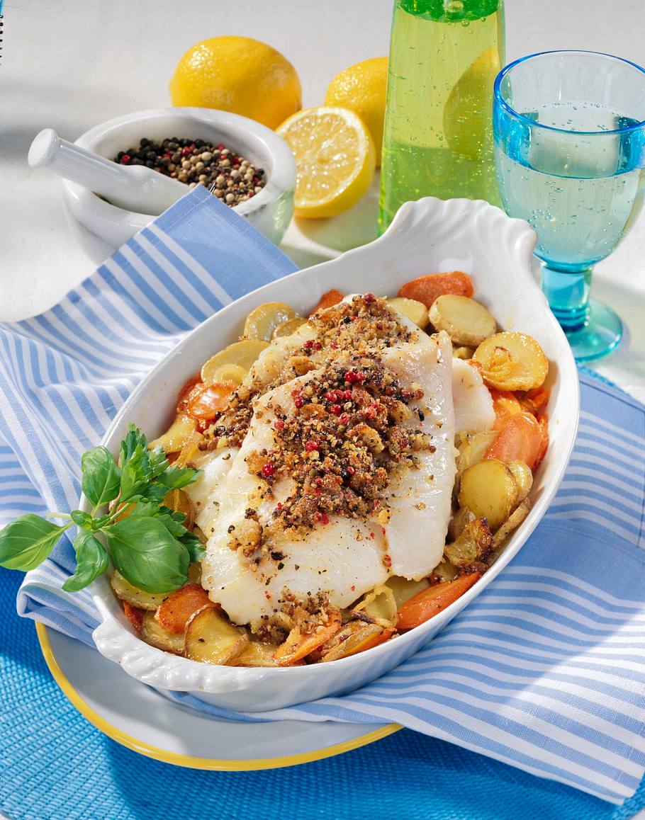 Pfeffer-Fisch auf Kartoffel-Möhren-Bett Rezept