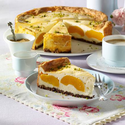 Pfirsich-Käsekuchen mit Knusperboden Rezept Pfirsich-Käsekuchen mit Knusperboden Rezept