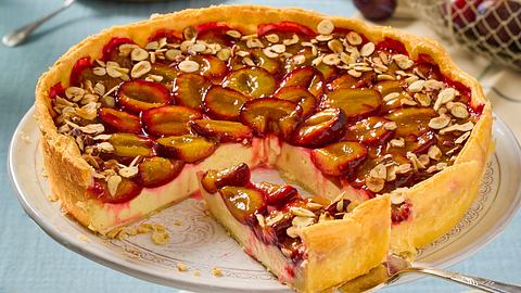Pflaumen-Schmand-Kuchen auf einer Tortenplatte, angeschnitten. Ein Stück auf Tortenheber - Foto: LECKER @ Bauer Media Group