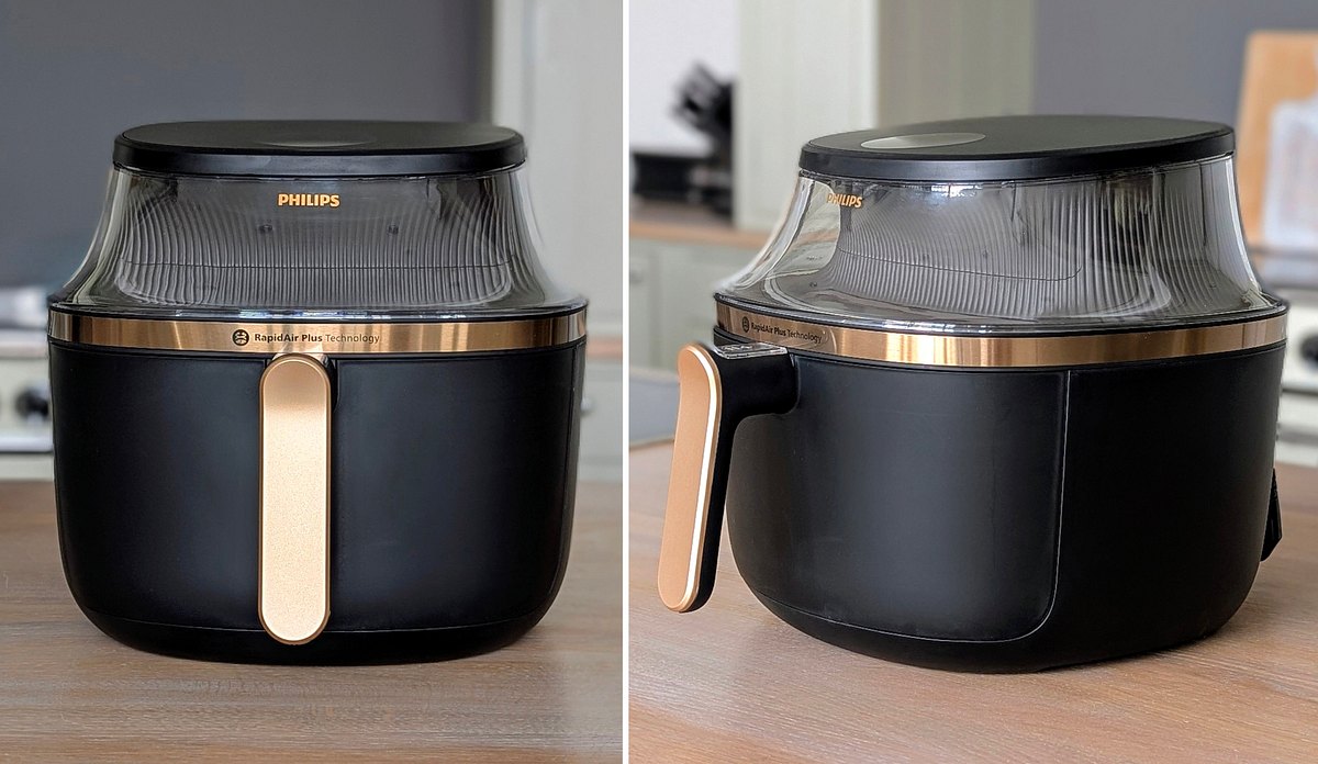 Zwei Ansichten des Philips Airfryer 3000 Series NA332/00: frontal von vorne und schräg von der Seite im Profil.