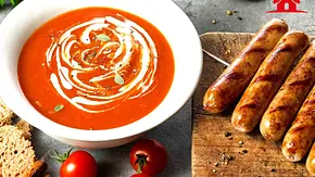 Pikante Sangrita Tomatensuppe mit vegetarischer Bratwurst Rezept - Foto: Rügenwalder Mühle Pikante Sangrita Tomatensuppe mit vegetarischer Bratwurst Rezept - Foto: Rügenwalder Mühle